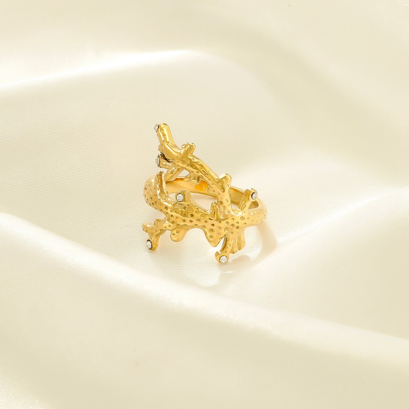 Stainless Steel Gold Coral Ring with Cubic Zirconia/ YHTSR-2501003