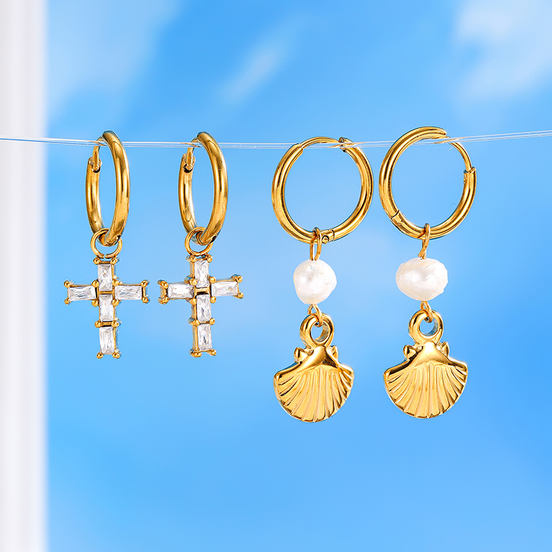Ivanda Stainless Steel Cross Shell Earrings YHTSE-2501702